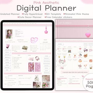 Undatierter, minimalistischer, pinkfarbener Digitalplaner | GoodNotes-Vorlage mit Stickern (PDF-Download)