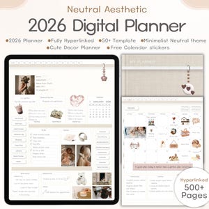 Digitale planner 2026 beige thema | Gelinkte planner met pagina's voor het maken van notities en stickers | Pdf-download