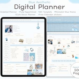 Digitale planner in blauw, zonder datum | Notitiesjabloon met hyperlinks en stickers, PDF-download, GoodNotes-sjabloon