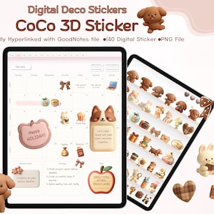 May include: Digital Deco Stickers featuring CoCo 3D Stickers. Two tablets display digital stickers, including a calendar layout and various 3D sticker designs such as bows, animals, and food items. The stickers are in shades of brown and cream.