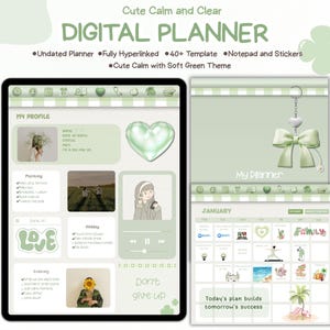 May include: A digital planner with a soft green theme. The planner includes an undated layout, fully hyperlinked pages, 40+ templates, notepad, and stickers. The text "Cute Calm and Clear DIGITAL PLANNER" is at the top. The planner includes the text "Don't give up".