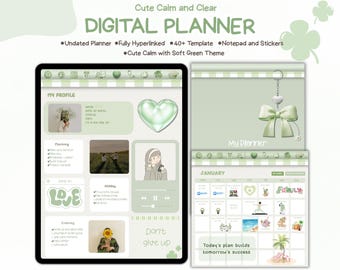 Soft Green Digital Planner for GoodNotes: Hyperlinked Template, Stickers (PDF Download), Minimal Journal