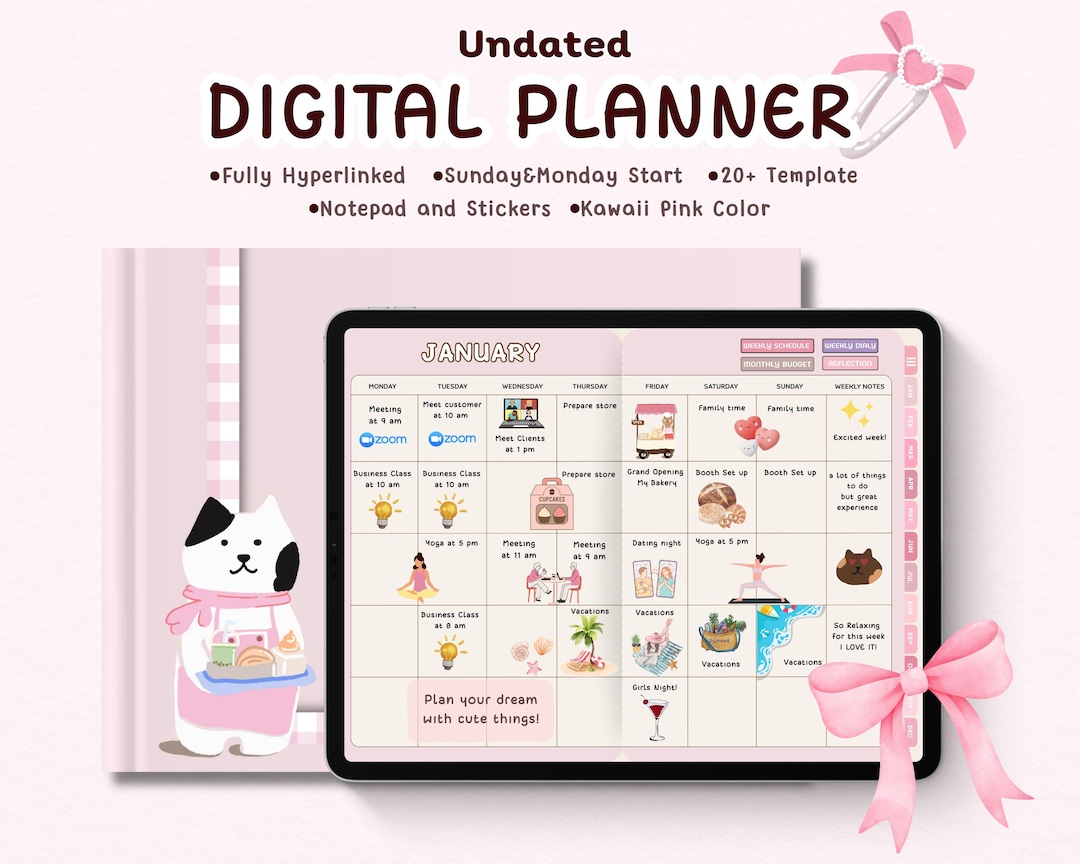Kawaii Pink Digital Planner for Goodnotes | Undated, Hyperlinked (PDF ...