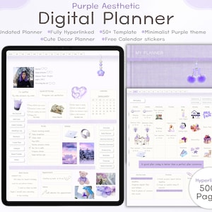 Digitale planner in paarse stijl zonder datum | Notitiesjabloon met hyperlinks en stickers, PDF-download, GoodNotes-sjabloon