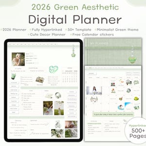 Op de afbeelding: Een digitale planner met een minimalistisch groen thema. De planner bevat een kalender voor 2026, sjablonen en stickers. De planner is volledig hyperlinked met meer dan 500 pagina's. De tekst op de afbeelding luidt "2026 Green Aesthetic Digital Planner."