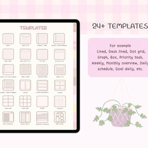cute digital notebook with soft pastel design with templates Grid, Cornell, Dotted, weekly daily , Monthly overview, Priority task, Goals and more
