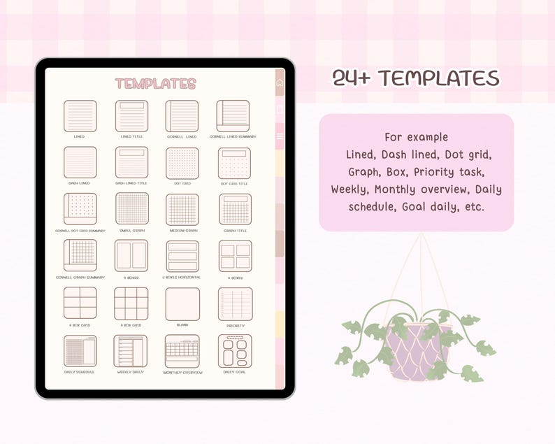 cute digital notebook with soft pastel design with templates Grid, Cornell, Dotted, weekly daily , Monthly overview, Priority task, Goals and more