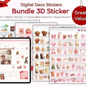 May include: Digital Deco Stickers Bundle featuring 3D stickers with various themes. The image shows a tablet displaying a calendar layout and several sticker sheets with cute illustrations of animals, hearts, and bows. The text reads "Great Value!"