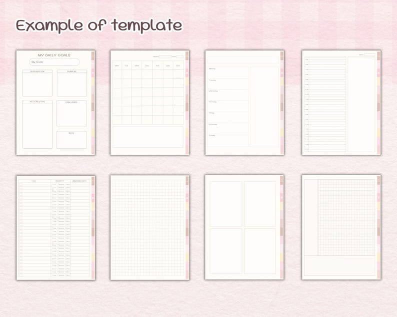 cute digital notebook with soft pastel design with templates Grid, Cornell, Dotted, weekly daily , Monthly overview, Priority task, Goals and more