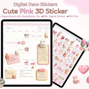 May include: Digital deco stickers with a cute pink 3D sticker design. The image shows a tablet displaying a calendar with various pink stickers, including bunnies, bows, and hearts. The text on the image says "Happy Holiday!"