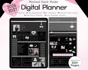 2026, 2027 Dark Mode Digital Planner: Hyperlinked Note-Taking Template (PDF Download)