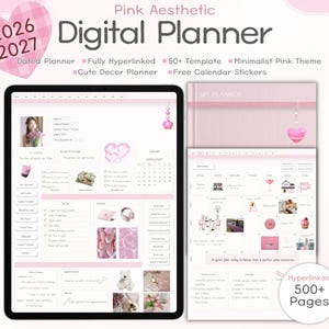 2026, 2027 Pink Digital Planner: Hyperlinked Template with Stickers (PDF Download)