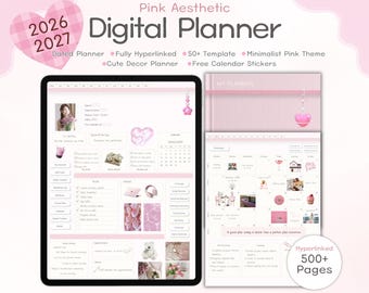 2026, 2027 Pink Digital Planner: Hyperlinked Template with Stickers (PDF Download)