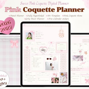 2026, 2027 Coquette Pink Digital Planner | Hyperlinked PDF with Decorative Stickers