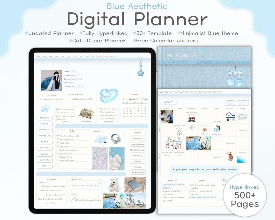 Undated Blue Digital Planner | Hyperlinked Note-taking Template With ...