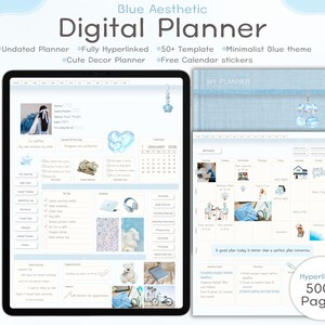 Undated Blue Digital Planner | Hyperlinked Note-Taking Template with Stickers, PDF Download, GoodNotes Template