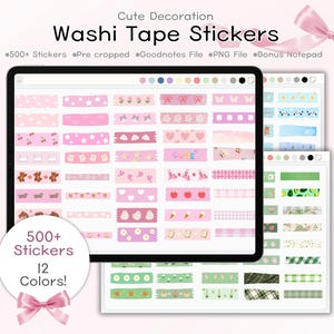 Pode incluir: Autocolantes digitais de fita washi exibidos num tablet e dois blocos de notas. Os autocolantes apresentam vários desenhos, incluindo laços, corações e padrões, em tons de rosa, verde e azul. O texto na imagem diz "Cute Decoration" e "Washi Tape Stickers."