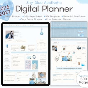 2026, 2027 Sky Blue Digital Planner: Hyperlinked Note-Taking Template PDF Download with Sticker Set