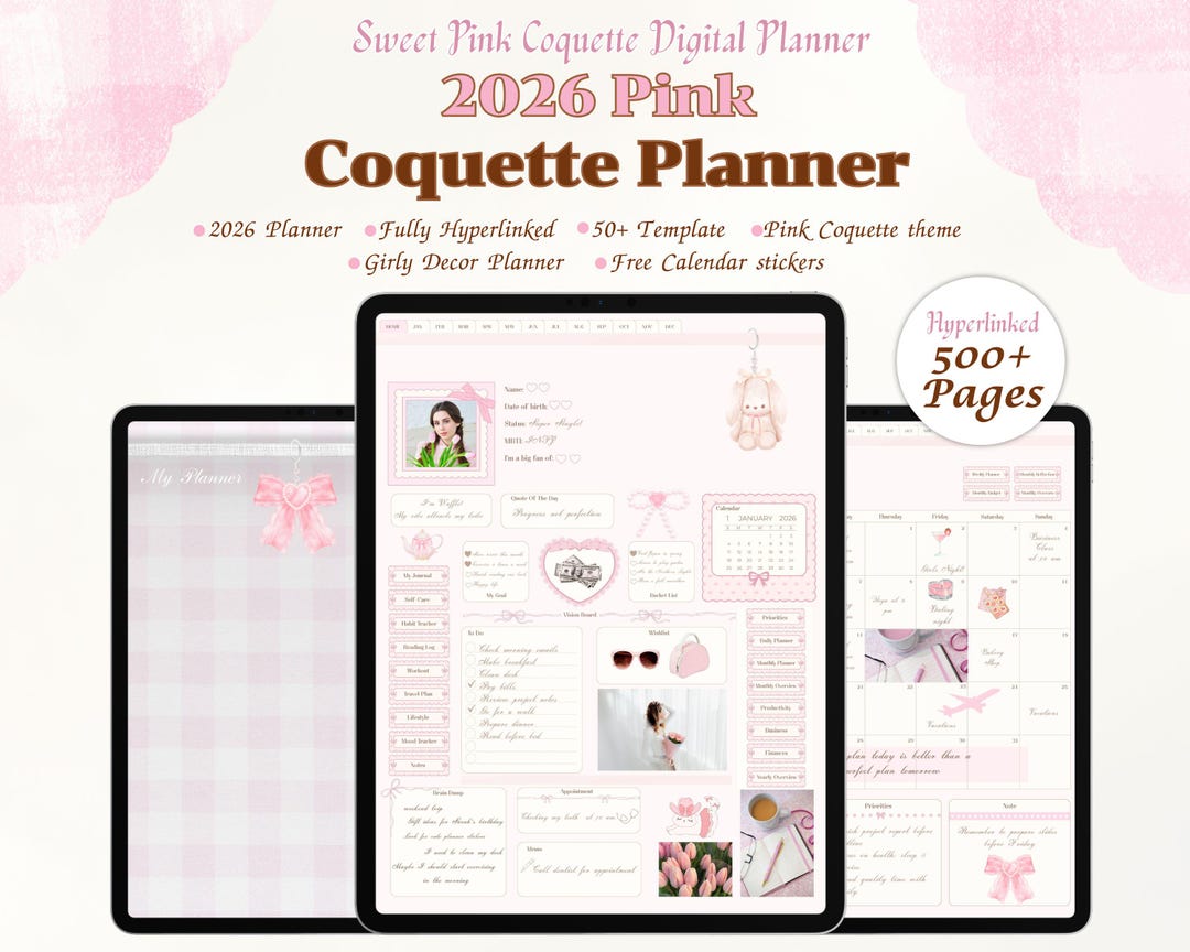 2026 Coquette Pink Digital Planner | Hyperlinked PDF With Decorative ...