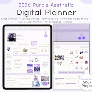 Peut inclure: Un agenda numérique sur le thème minimaliste violet. L'agenda comprend un calendrier 2026, est entièrement hyperlié et compte plus de 500 pages. L'agenda comprend également des autocollants décoratifs mignons.