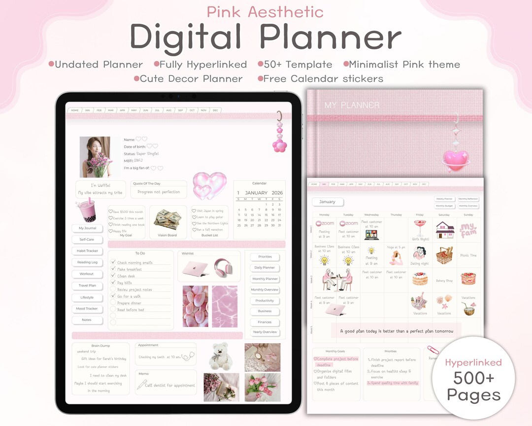 Undated Minimal Pink Digital Planner | Goodnotes Template With Stickers ...