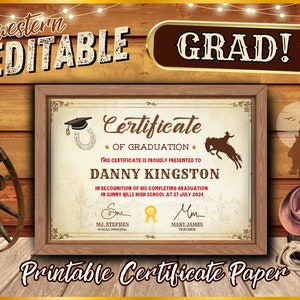 Modello modificabile di certificato di laurea a tema western / Diploma di scuola superiore universitario per cowboy del selvaggio West