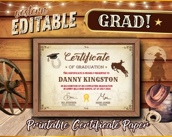 Bewerkbare certificaat van afstuderen westerse thema-sjabloon | High School College University Diploma voor cowboys uit het Wilde Westen
