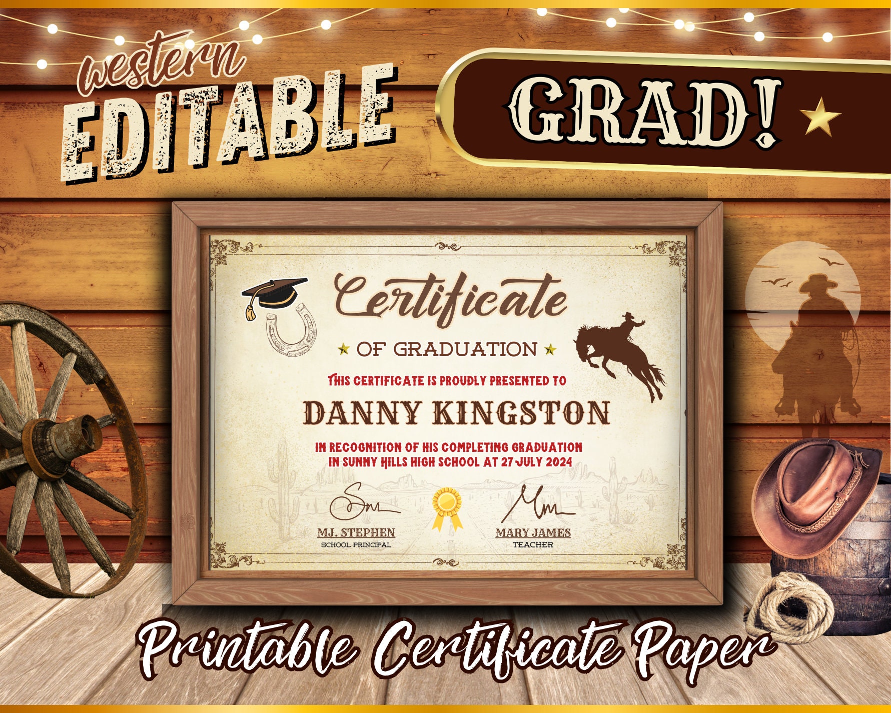 Editable Certificate of Graduation Western Themed Template | High