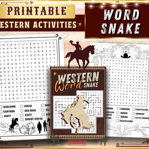 Printable Western Cowboy Games | Word Snake Puzzle Sheets | Fun Word Game Wild West Activity Worksheets Gift For Cowboys and Cowgirls