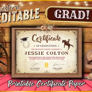 Bearbeitbares Abschlusszertifikat Western Themed Template | High School College Universitäts-Diplom für Wild-West-Cowgirls