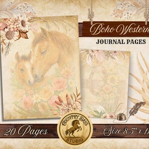 Páginas de diario bohemio estilo western / Membrete vintage de vaquera / Papeles imprimibles de vaquera / Páginas digitales con motivos florales rústicos