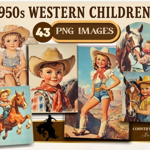 Vintage Printable Cowboy Kids Clipart | 1950s Retro Western Children Images | Cowboy Cowgirl Art for Crafts, Scrapbooking and Journals