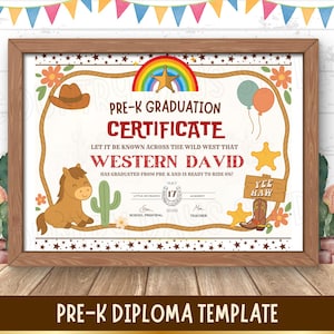 Bearbeitbares Western Theme Pre-K Abschluss-Diplom | Ausdruckbare Abschlussurkunde für Vorschulkinder | Wilder Westen Zertifikatsvorlage