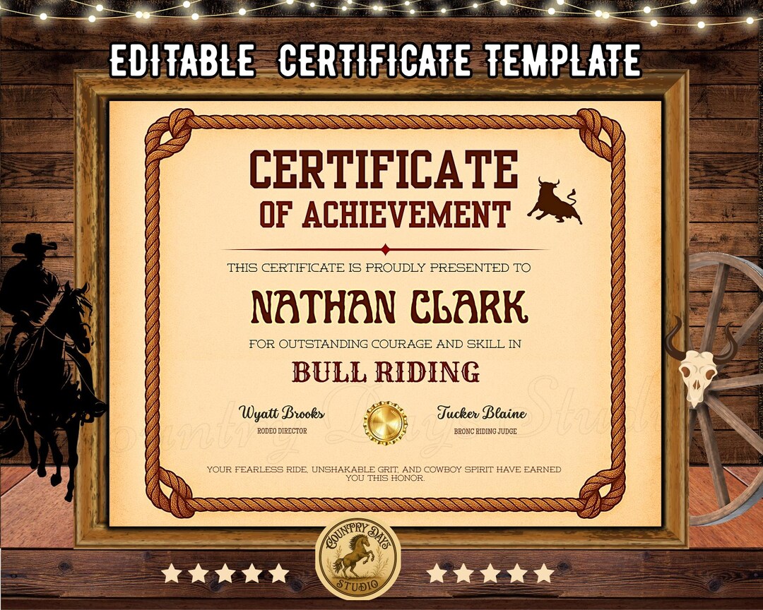 Editable Bull Riding Award Certificate Template (PDF) - Etsy