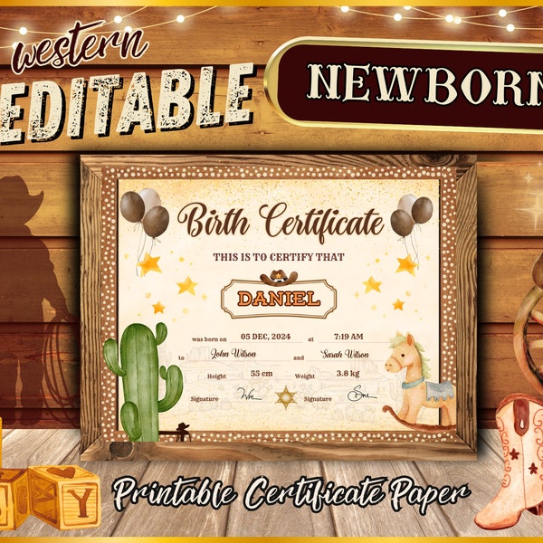 Kids Birth Certificate Western Theme For Baby Cowboys | Newborn Birthday Party | Printable Instant Download