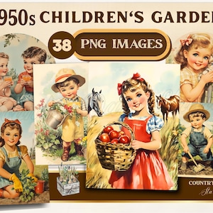 Printable Vintage 1950s Kinder Garten Clipart | Retro Kinder im Garten Bilder | Digitaler Download für Scrapbooking, Crafts & Journals
