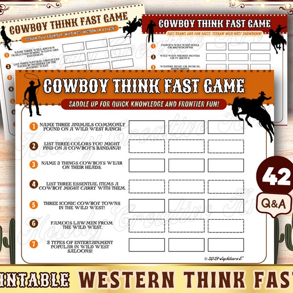 Printable Western Cowboy Fast Thinking Sheets | Fun Wild West Party Games Activity Worksheets Gift For Cowboys and Cowgirls