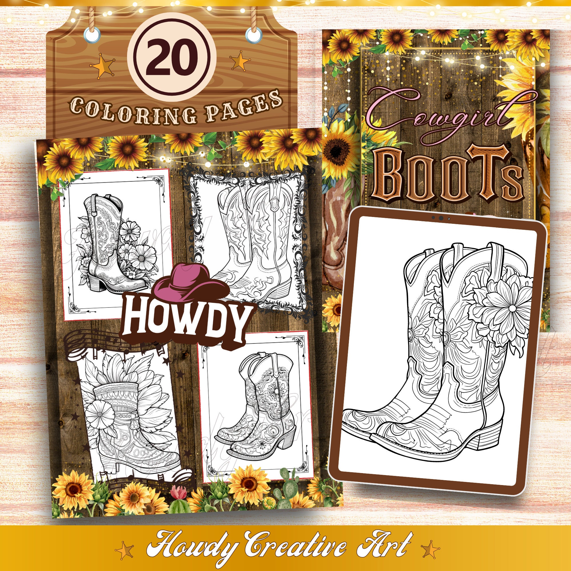 Cowgirl Boots Coloring Pages | Blooming Boots Adult Coloring Pages ...