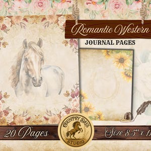 Papeles de escritura románticos con líneas del oeste / Membrete vintage de vaquera / Papel rústico floral imprimible para diarios, notas y revistas basura