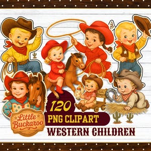 Vintage Western Clipart | Little Cowboy and Cowgirl PNG Clipart | 1950s Retro Kids Illustration | Old Fashioned Wild West Children Graphics