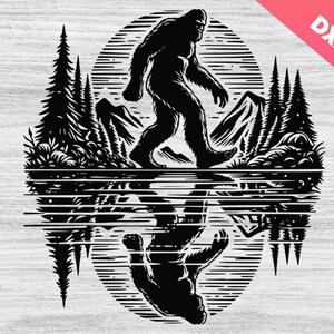 May include: A black and white illustration of Bigfoot walking in front of a mountain scene with a reflection in the water. The image includes the text "SVG, DXF, PNG" in the upper right corner. The Parin Boutique logo is in the upper left corner.