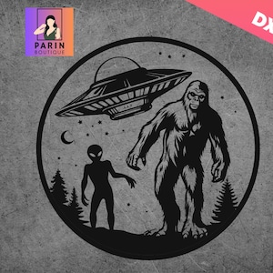 Bigfoot y extraterrestre bajo la luna V3 Svg, Sasquatch SVG, Bigfoot Svg, Funny Camping Svg,Alien Svg,UFO Svg,Montañas,Regalos personalizados,Cricut