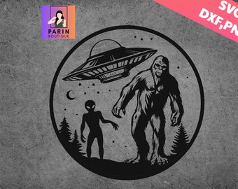 Bigfoot and alien under the moon V3 Svg, Sasquatch SVG, Bigfoot Svg, Funny Camping Svg,Alien Svg,UFO Svg,Mountains,Personalized Gifts,Cricut