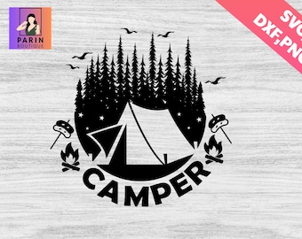Camper svg,Camper with Campfire svg,Camping svg png, forest scene svg, adventure svg,Camper and Trees Svg,Pine Trees Svg, Forest Svg, Cricut