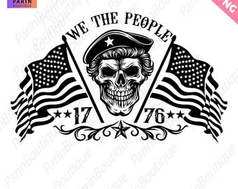 Puede incluir: Diseño gráfico en blanco y negro que presenta una calavera con boina, flanqueada por banderas americanas. El texto dice "WE THE PEOPLE", con "17" y "76" debajo. Adornos decorativos y estrellas completan el diseño.