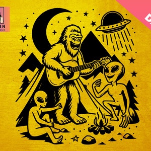 Bigfoot en buitenaardse camping Svg, Sasquatch SVG, Bigfoot spelen gitaar Svg, Funny Camping, Alien, UFO, bergen, maanster, gepersonaliseerde geschenken, Cricut