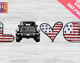 May include: A black Jeep with an American flag design on the letters "LOVE". The Jeep is in the centre of the image and the letters are on either side of it.
