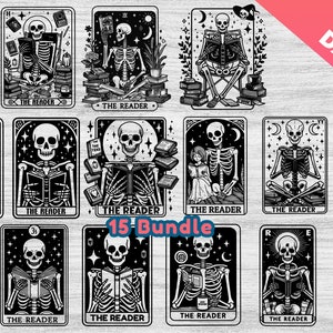 Die Leser Tarotkarte 15 Bundle svg, Skelett lesen, lustige Tarotkarten, die Leser svg, Buchliebhaber, Mom Dad Erwachsene Humor T-Shirt Design, Cricut