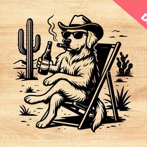 May include: Black and white illustration of a dog wearing sunglasses and a cowboy hat, relaxing in a beach chair. The dog holds a beer bottle and a lit cigar. Desert landscape with cacti in the background.