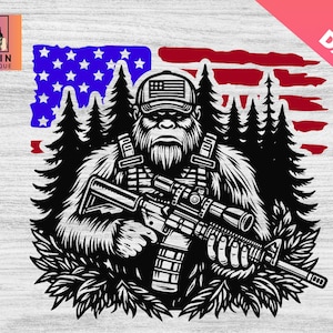 May include: A black and white illustration of a Bigfoot holding a rifle, wearing a camouflage vest and a baseball cap with the American flag on it. The background is a distressed American flag.